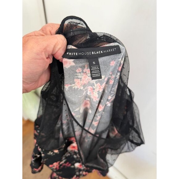 WHITE HOUSE BLACK MARKET SHEER FLORAL BLACK LONG SLEEVE TOP SZ SMALL - Picture 2 of 3